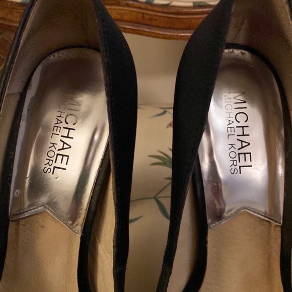 Michael Kors Stunning Black Satin Peep Toe Heels With Black Crystal Heel EUC - Picture 8 of 9